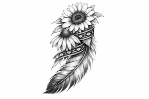2 cascading sunflowers 1 coneflower wrapped in simple Native American ribbon on top of a feather tattoo idea