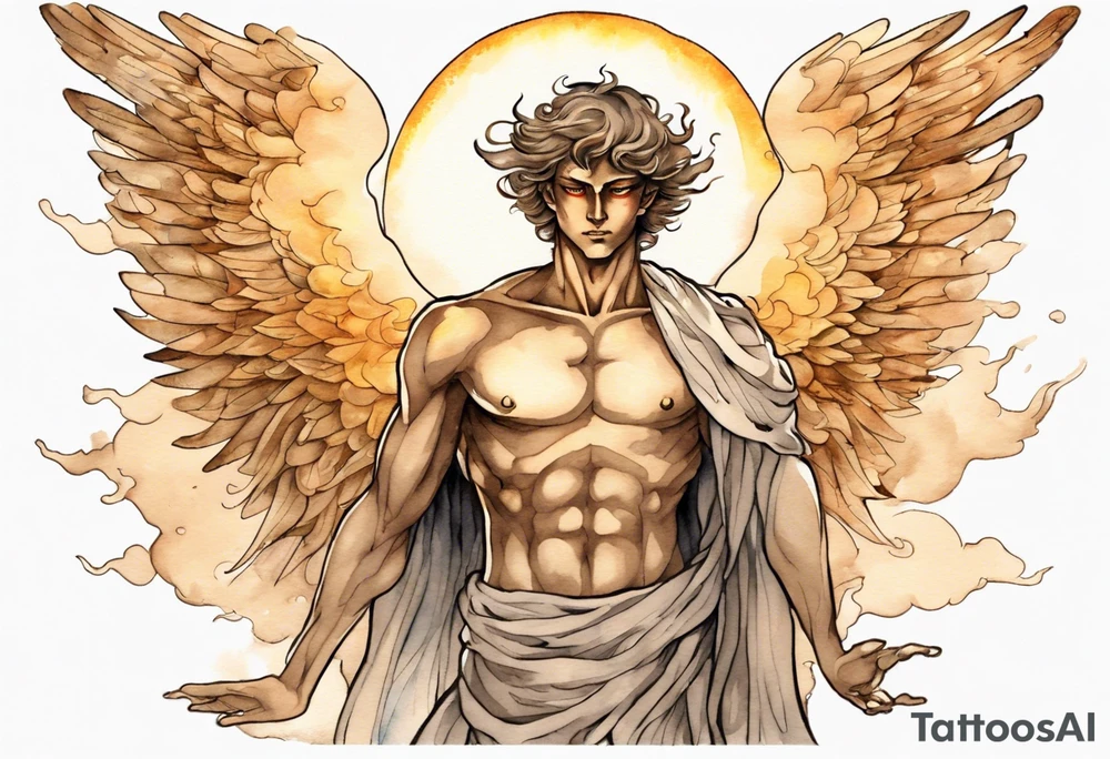a solitary bronze skinned male angel with glowing eyes standing upon the sun tattoo idea