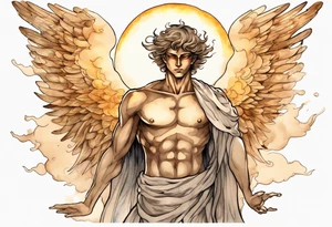 a solitary bronze skinned male angel with glowing eyes standing upon the sun tattoo idea