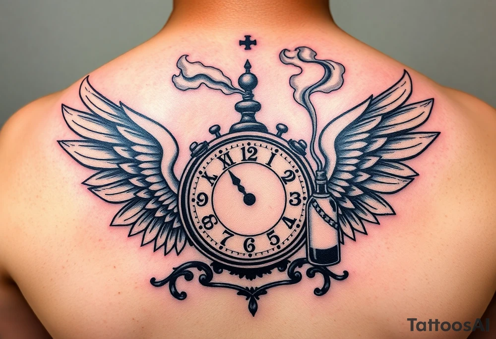 jack in the box tattoo with the box as a clock, the time 420, two open wings besides the clock, smoke as the spring rising from the clock, a jester clown coming out the smoke, smoking in one hand with a liquor bottle on the other hand tattoo idea