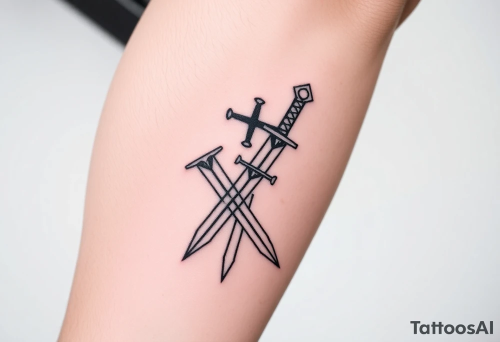 Give me a tattoo based on proverbs 27:17 about iron sharpening iron for me and the guys to get together probably two swords in it want a cross on the handle too tattoo idea