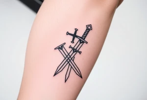 Give me a tattoo based on proverbs 27:17 about iron sharpening iron for me and the guys to get together probably two swords in it want a cross on the handle too tattoo idea