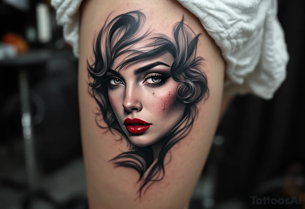 Classic black and grey portrait with only the beauty mark and lips in wine red. tattoo idea