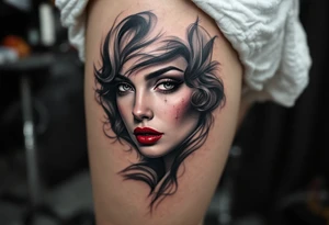 Classic black and grey portrait with only the beauty mark and lips in wine red. tattoo idea