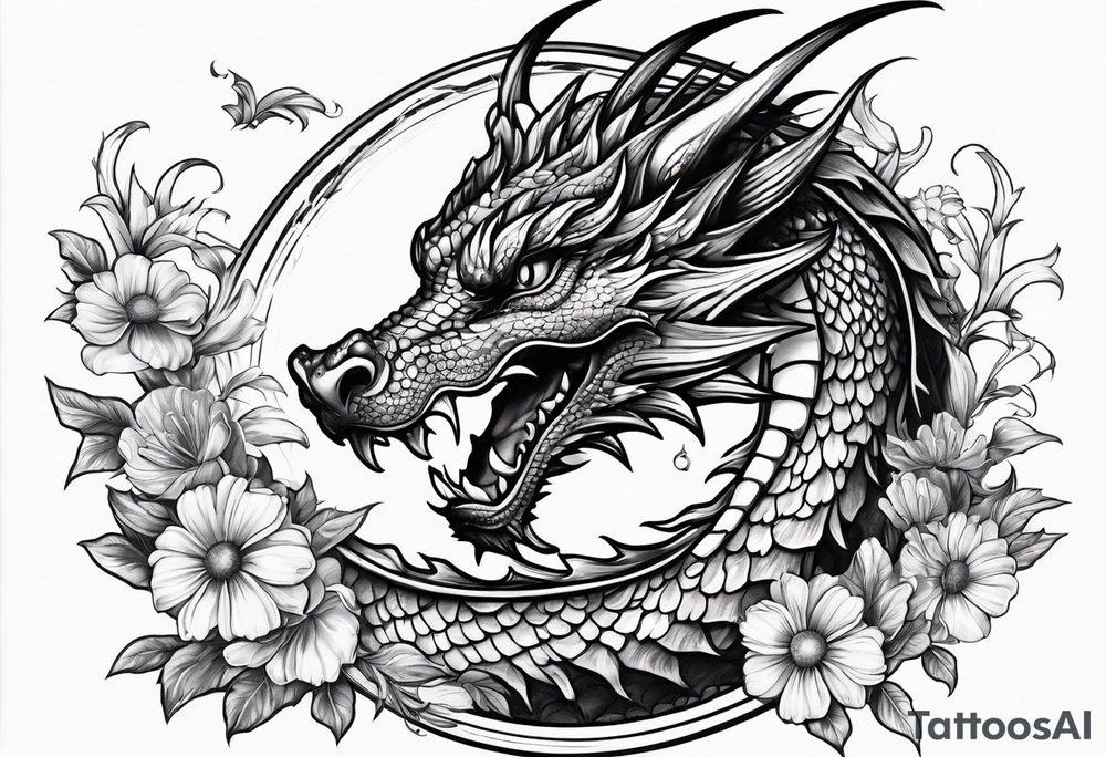 Dragon with sweet pea daisy flower tattoo idea