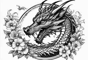 Dragon with sweet pea daisy flower tattoo idea