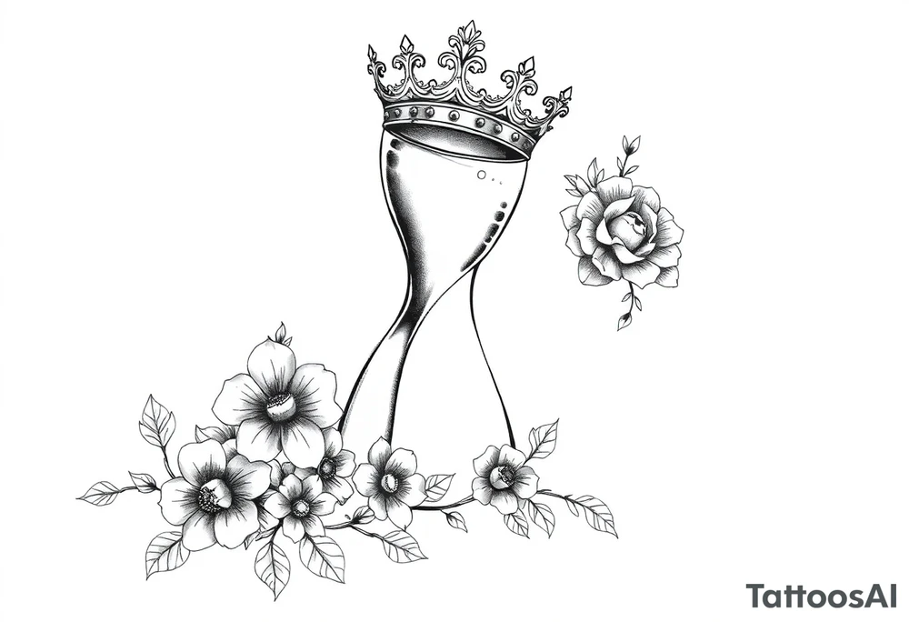 Hourglass with detailed beautiful gothic boho flowers on vine and skull with gorgeous crown tattoo idea