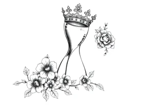 Hourglass with detailed beautiful gothic boho flowers on vine and skull with gorgeous crown tattoo idea