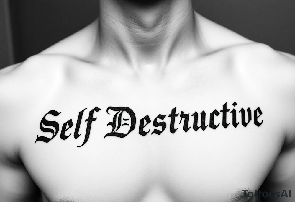 Outline of the words “Self Destructive” in a bold and thick gothic black letter cursive/ curly font lettering across the chest tattoo idea