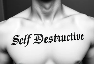 Outline of the words “Self Destructive” in a bold and thick gothic black letter cursive/ curly font lettering across the chest tattoo idea