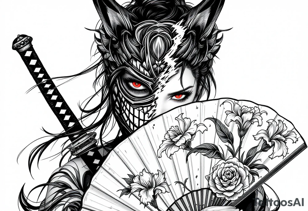 Woman samurai with red eyes wearing an half and broken kitsune mask, holding katana and japanese fan with Iris flowers tattoo idea