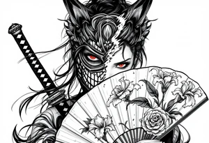 Woman samurai with red eyes wearing an half and broken kitsune mask, holding katana and japanese fan with Iris flowers tattoo idea