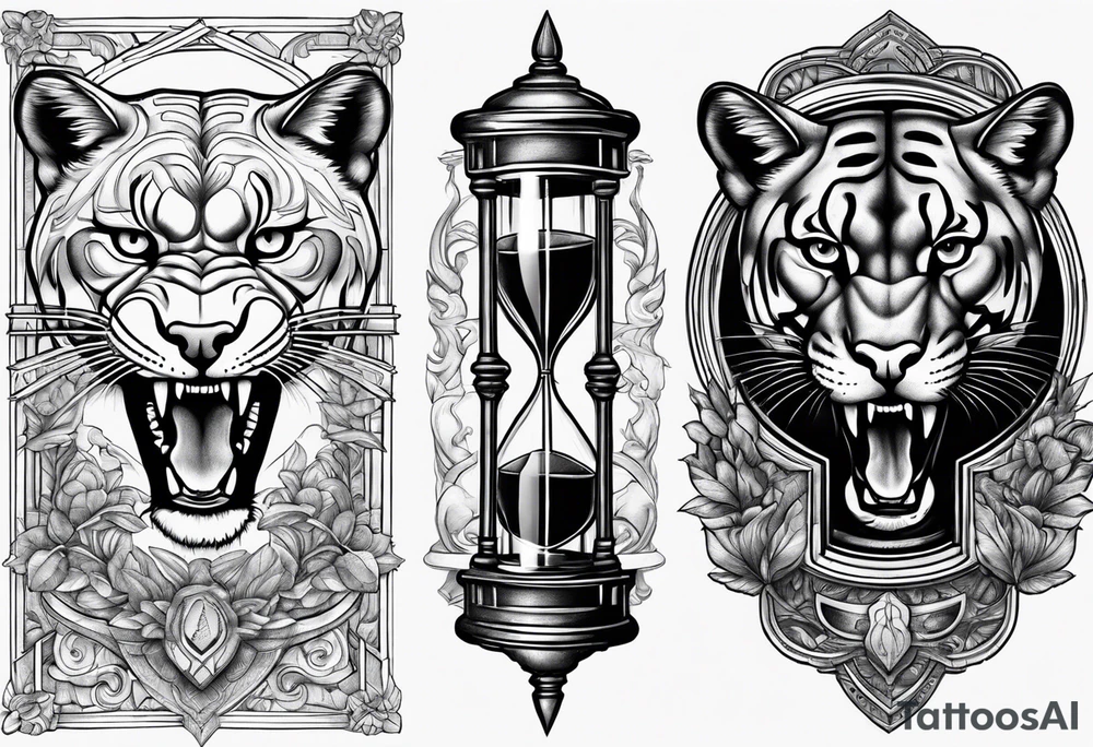 Brain in sagittal and angry cougar inside hourglass tattoo idea