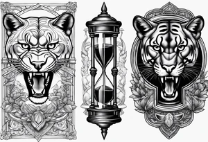 Brain in sagittal and angry cougar inside hourglass tattoo idea