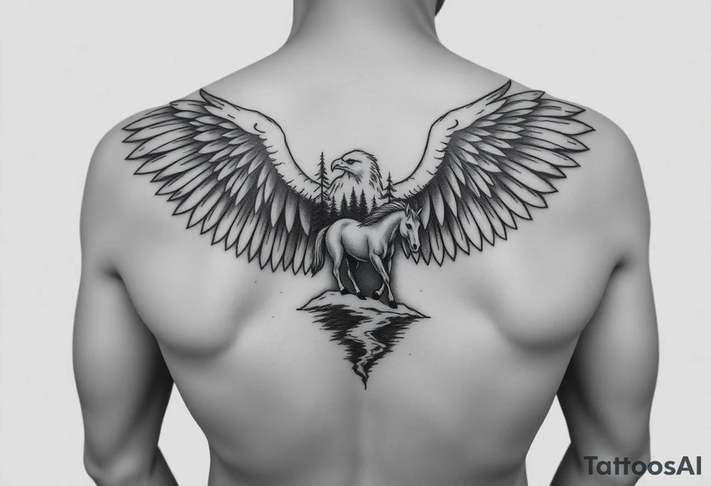 I want an eagle but inside of its wings I want a forest and a little river and maybe a horse drinking from the river. Not too big it has to fit on a 2 inch by 2 inch area tattoo idea