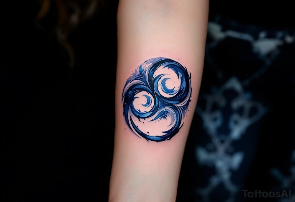 A swirling three triskelion spirals, hypnotic design in black and deep indigo, creating a sense of movement and energy, resembling a cosmic portal. tattoo idea