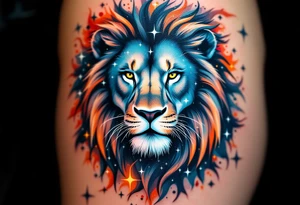 A fierce lion outlined in stardust white roams across a watercolor canvas of midnight blues and fiery oranges with bold Lion star constellation tattoo idea