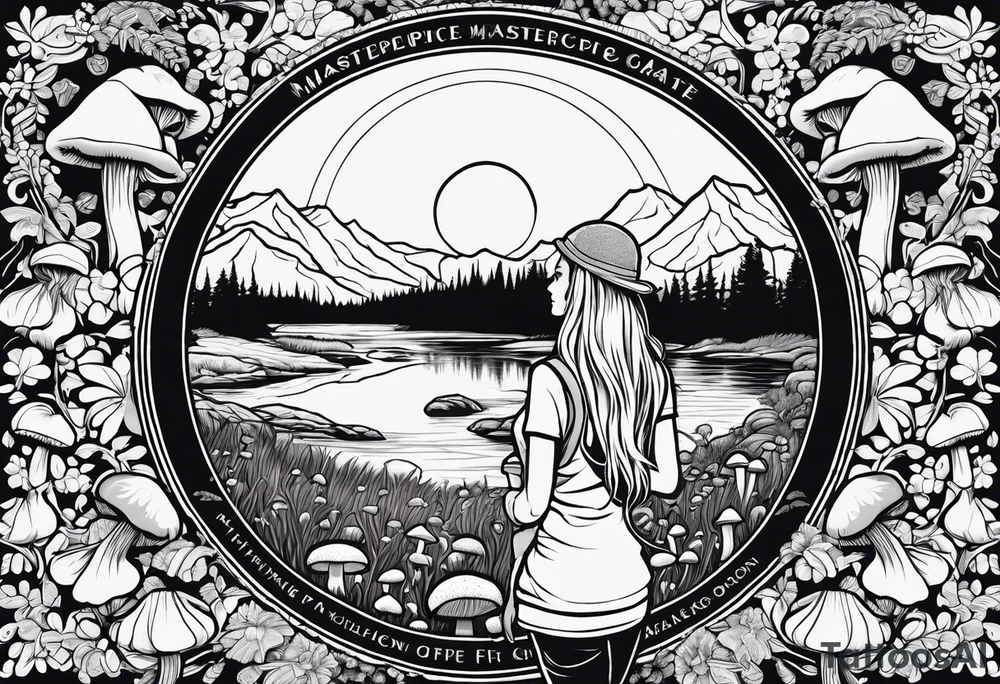 Straight long blonde hair hippie girl in distance holding mushrooms in hand facing away toward mountains and creek surrounded by mushrooms tee shirt and hiking pants

Entire picture within a circle tattoo idea