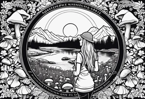 Straight long blonde hair hippie girl in distance holding mushrooms in hand facing away toward mountains and creek surrounded by mushrooms tee shirt and hiking pants

Entire picture within a circle tattoo idea
