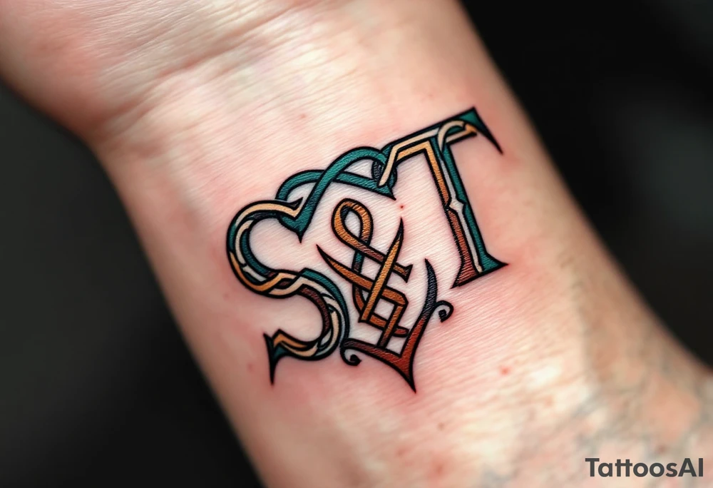 Celtic Knot Monogram – Forest green and dark brown “S & T” intertwined with a Celtic knot forming the base of the letters. tattoo idea