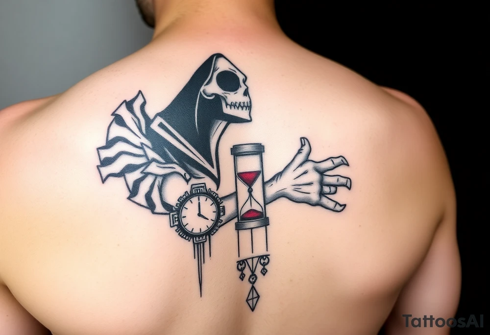 Simple grim reaper looking at a watch on his wrist with a hourglass with red sand and diamond geometric shapes tattoo idea