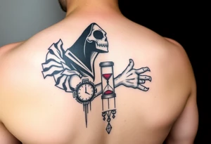 Simple grim reaper looking at a watch on his wrist with a hourglass with red sand and diamond geometric shapes tattoo idea