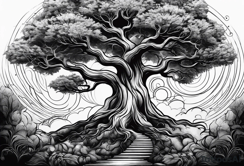 tree with long roots and branches tattoo idea