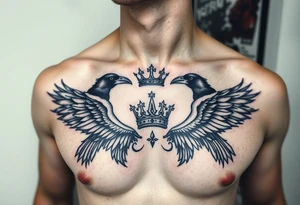 Chest tattoo, two ravens and icelandic symbols, dark brest tattoo, crown betwen ravens tattoo idea