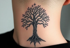mystical tree of life with cosmic roots and celestial branches tattoo idea