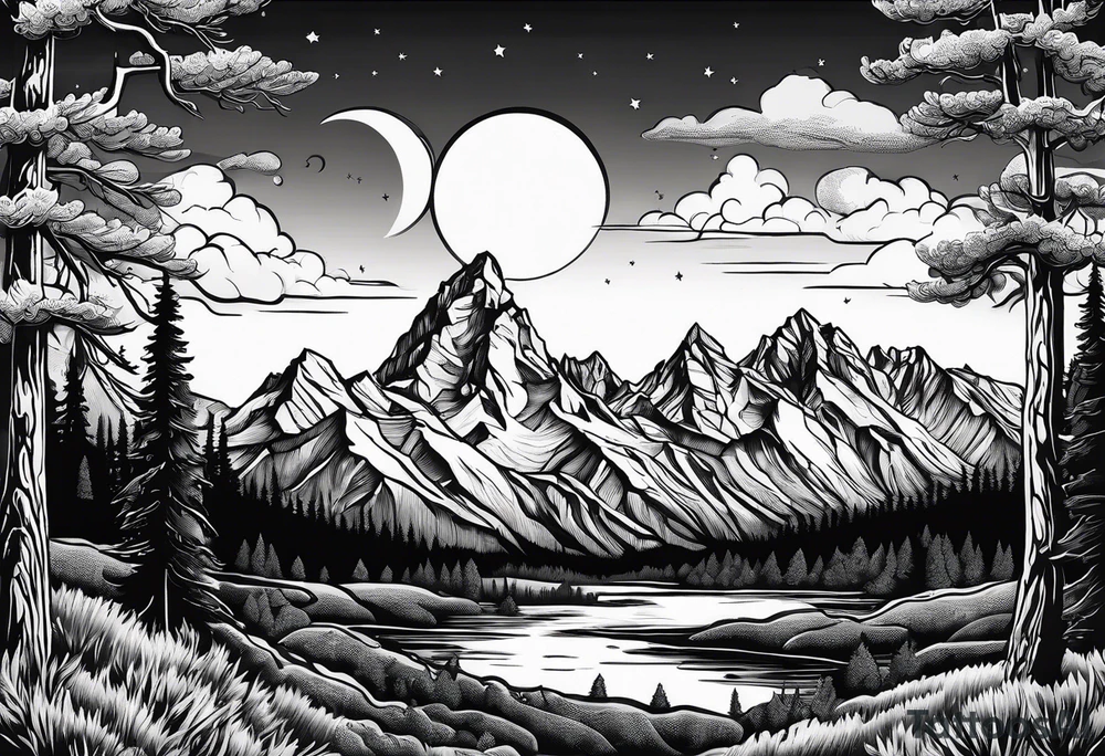 Half sleeve of Teton mountain range, moon In the sky and trees lining the bottom of tattoo tattoo idea