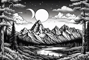 Half sleeve of Teton mountain range, moon In the sky and trees lining the bottom of tattoo tattoo idea