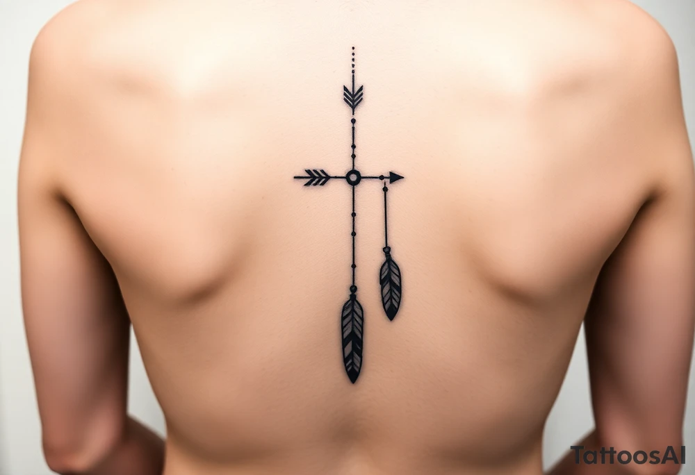 Thin spinal tattoo following down the spine in a native style with 3 vertical different lengths flowing lines made of a discreet connection of morse code ".--- .- --.     .-.. ... -.- .- .-.   -.. .. --.     .-.. .. .-.. .-.. . -... .-. --- .-. forming 3 arrow shapes connected to flowing feathers hanging from the morse code lines tattoo idea