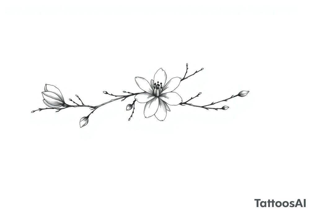 Magnolia branch long with different small almost closed flowers, with botanical details and dots tattoo idea