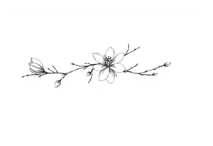 Magnolia branch long with different small almost closed flowers, with botanical details and dots tattoo idea