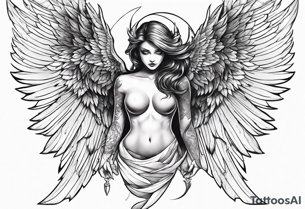 half angel half demon body with wings open tattoo idea