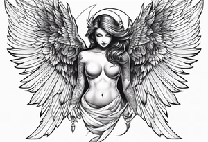 half angel half demon body with wings open tattoo idea