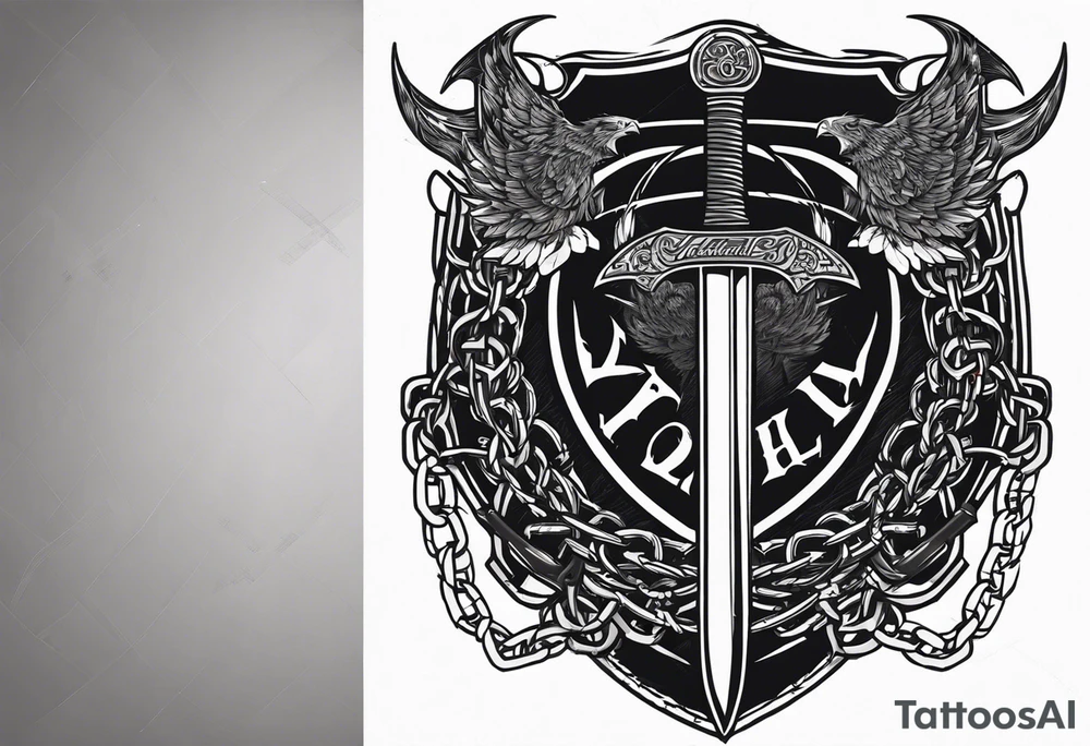 Valhalla sword shield axe barbed wire chains dark cloud tattoo idea