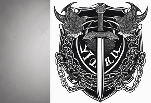 Valhalla sword shield axe barbed wire chains dark cloud tattoo idea