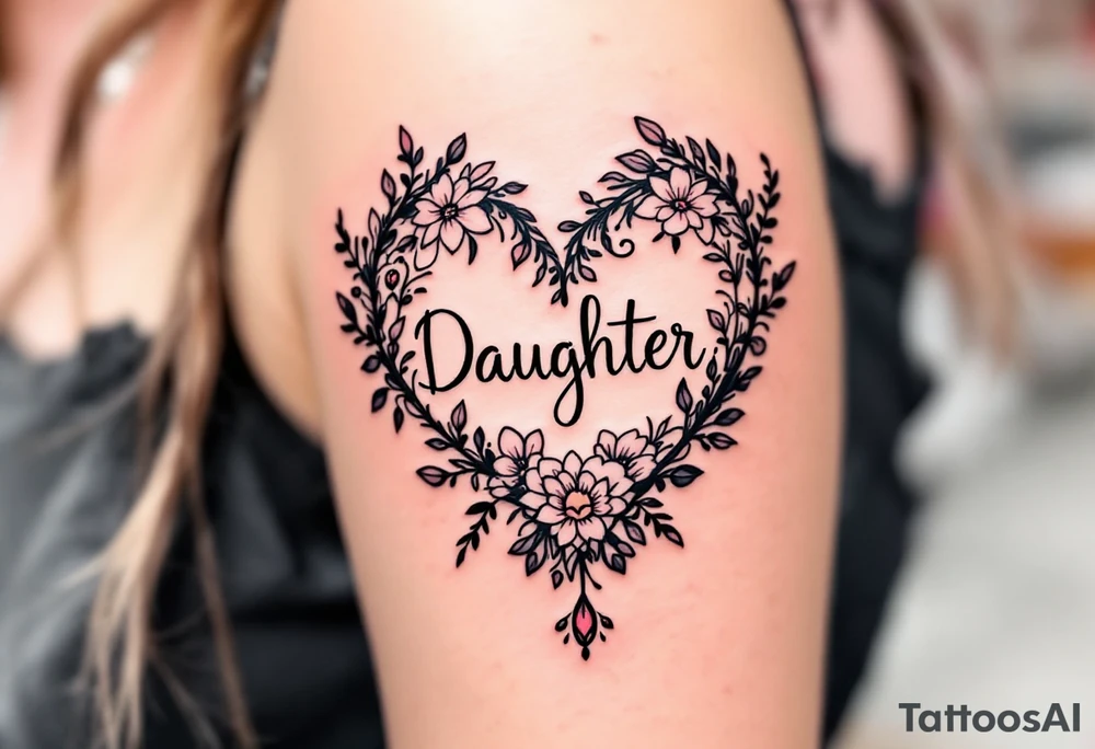 A delicate black and pink line-art heart with the word “Daughter” written in elegant cursive across the center. tattoo idea