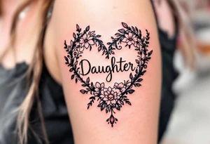A delicate black and pink line-art heart with the word “Daughter” written in elegant cursive across the center. tattoo idea