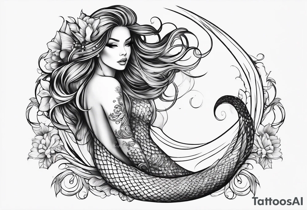 sexy full bodied mermaid with flowing tail and hair, tattoo sleeve tattoo idea