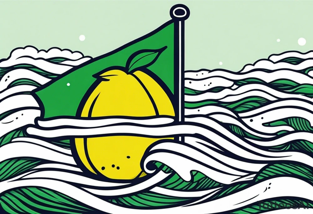 A lemon-Buoy with a green leaf-flag on waves tattoo idea