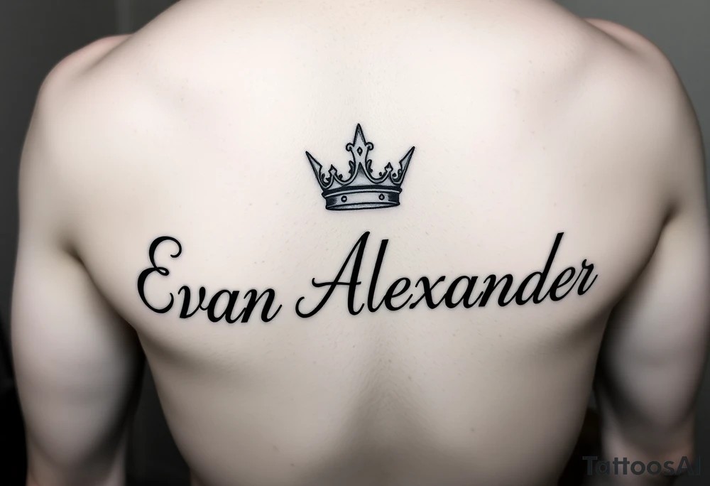 Name tattoo that says Evan Alexander with a crown on forearm tattoo idea