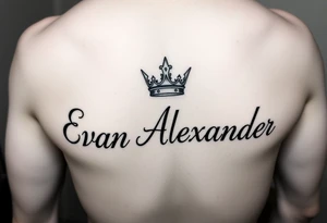 Name tattoo that says Evan Alexander with a crown on forearm tattoo idea