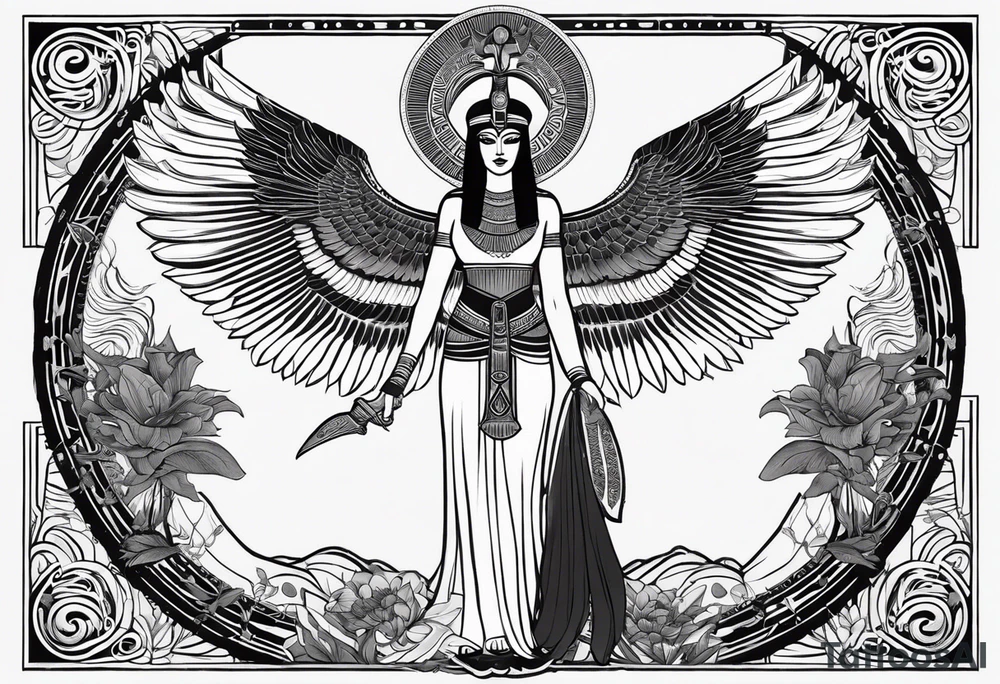blank and white Egyptian goddess Isis, who is often depicted as a woman with outstretched wings, holding an ankh (a symbol of life) in one hand and a lotus flower in the other. Her headdress often includes a throne or a solar disk. The tattoo design can vary in style and size, but it typically aims to capture the essence of this revered Egyptian deity, emphasizing her beauty, power, and maternal qualities. The choice of colors and additional elements can also be customized to create a unique and visually striking representation of the goddess Isis tattoo idea