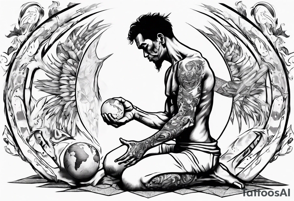 Peaceful warrior kneeling down on one knee. One hand is feeding the weak. One hand is holding the world up. tattoo idea