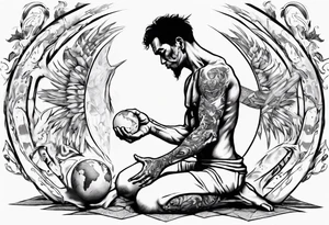 Peaceful warrior kneeling down on one knee. One hand is feeding the weak. One hand is holding the world up. tattoo idea