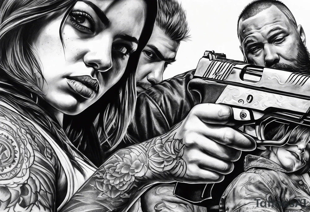In the reflection of a eye two people holding guns one man dead on the ground with a wounded woman standing behind him tattoo idea