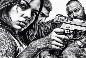 In the reflection of a eye two people holding guns one man dead on the ground with a wounded woman standing behind him tattoo idea