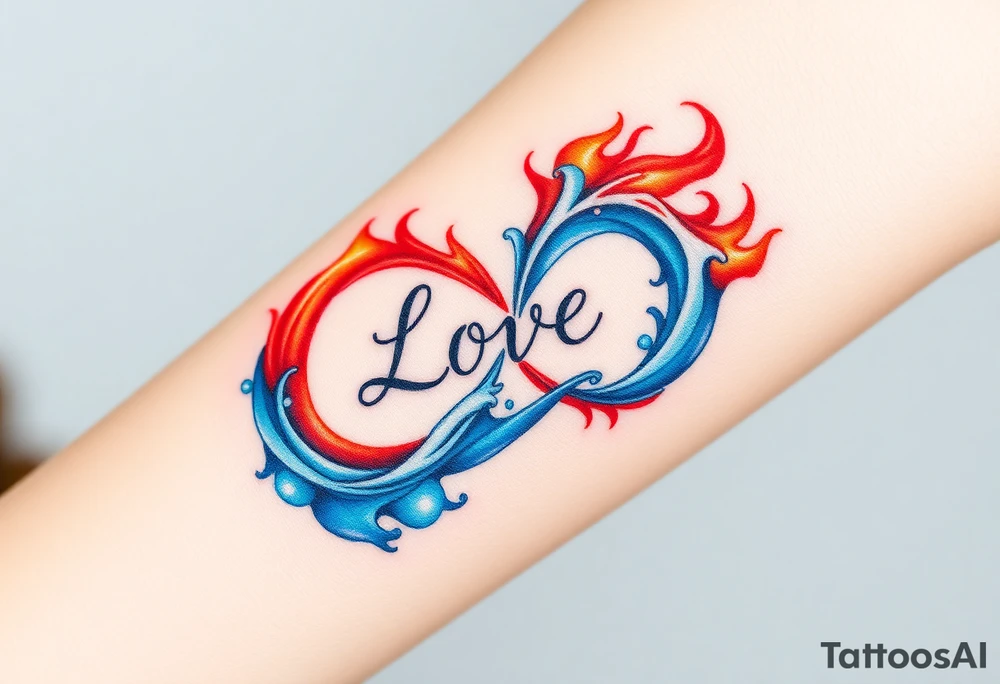 A fire and water-themed infinity symbol, with "Love" written where the two elements meet—flames in deep red and blue waves blending seamlessly tattoo idea